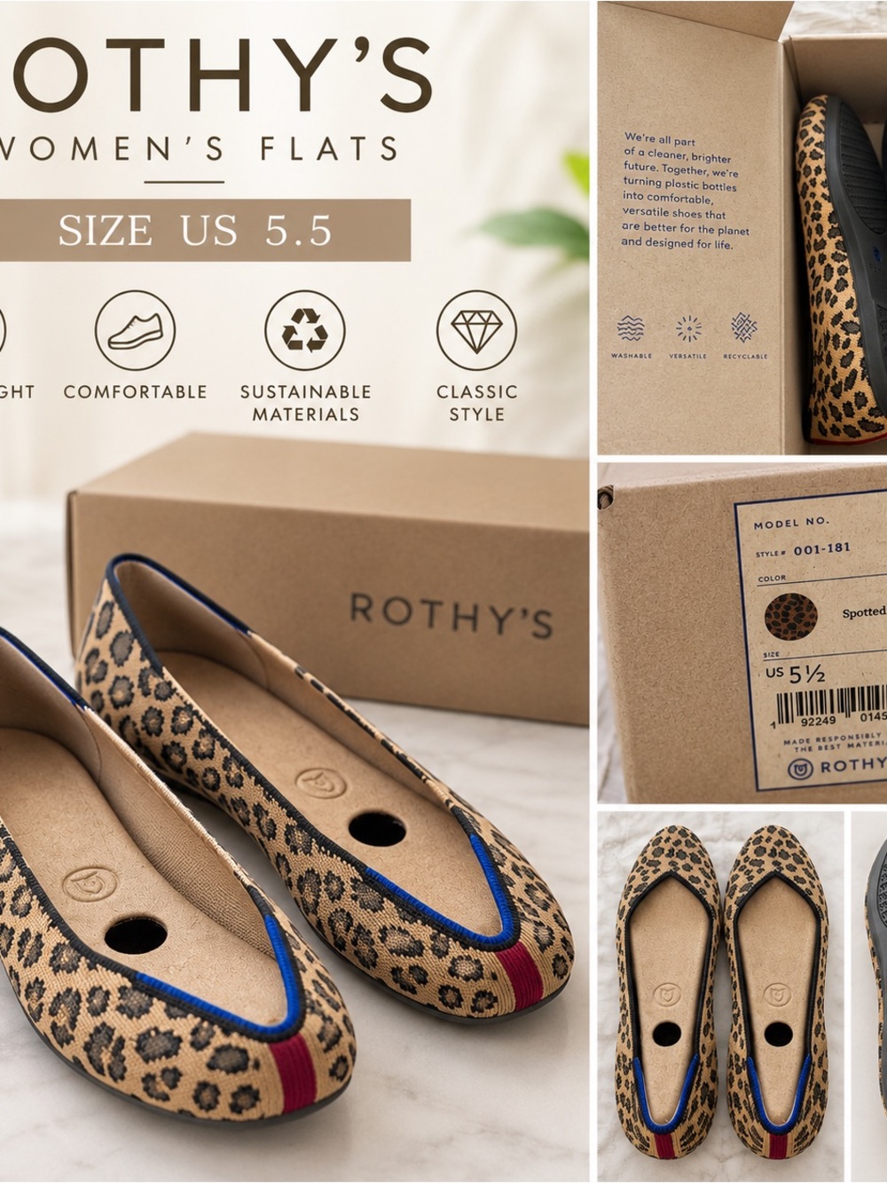 Rothy's Leopard Print Pointed Flats with Blue Trim and Red Toe Accent